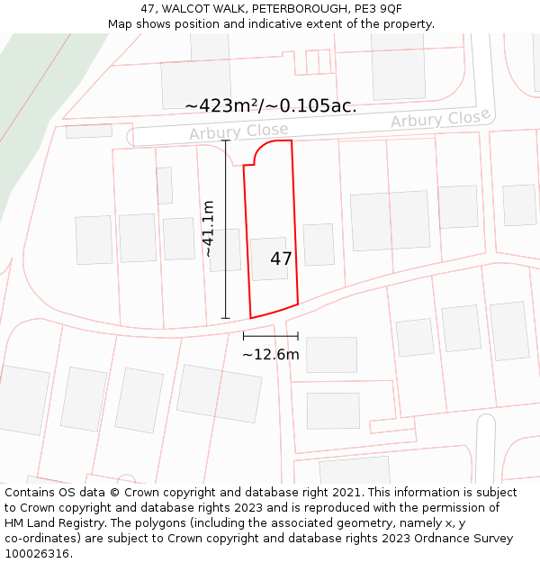 47, WALCOT WALK, PETERBOROUGH, PE3 9QF: Plot and title map