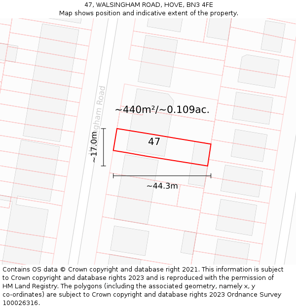 47, WALSINGHAM ROAD, HOVE, BN3 4FE: Plot and title map