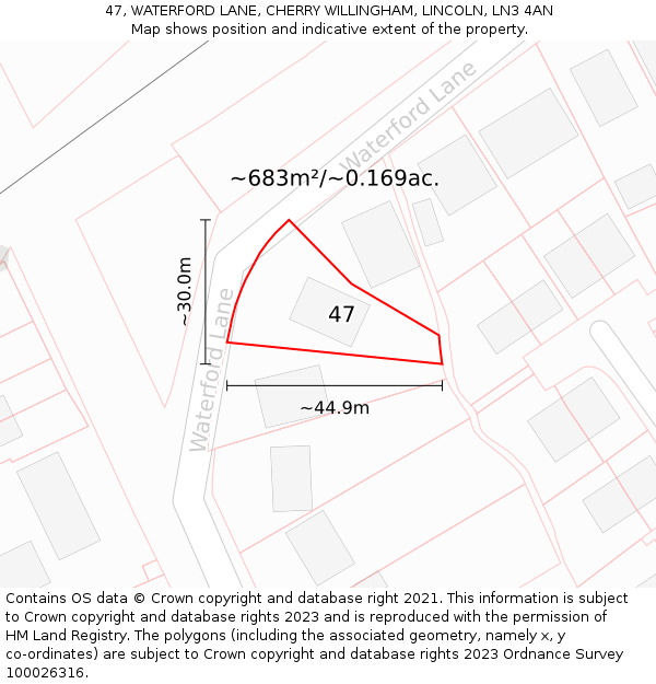 47, WATERFORD LANE, CHERRY WILLINGHAM, LINCOLN, LN3 4AN: Plot and title map