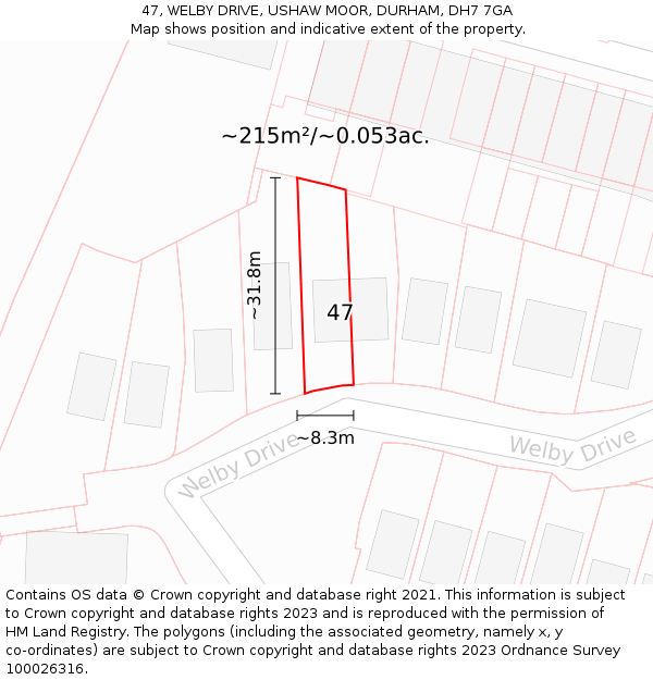 47, WELBY DRIVE, USHAW MOOR, DURHAM, DH7 7GA: Plot and title map
