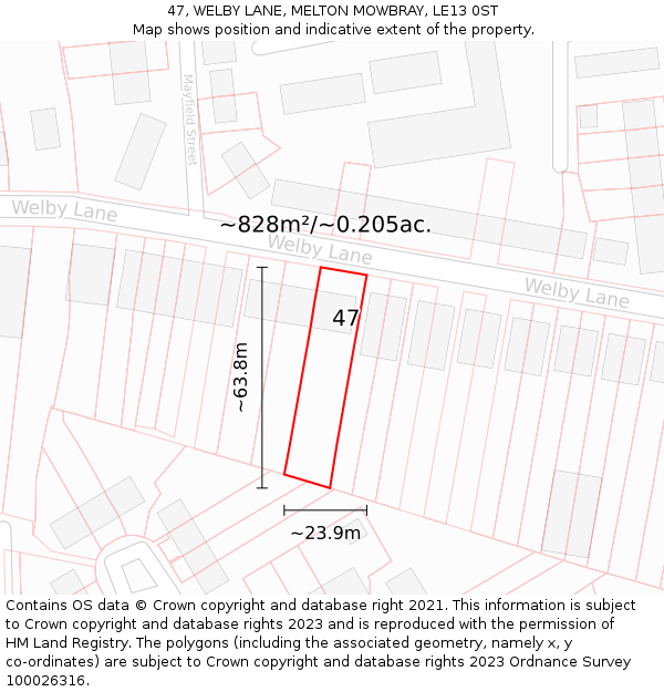 47, WELBY LANE, MELTON MOWBRAY, LE13 0ST: Plot and title map