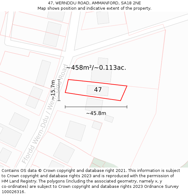 47, WERNDDU ROAD, AMMANFORD, SA18 2NE: Plot and title map