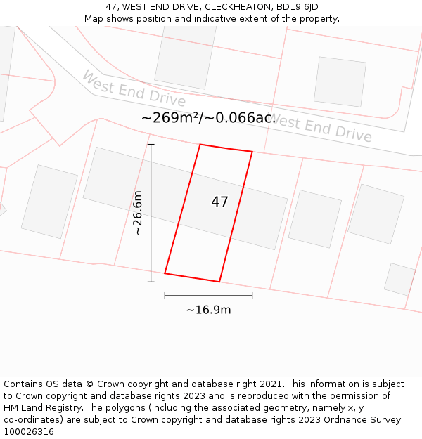 47, WEST END DRIVE, CLECKHEATON, BD19 6JD: Plot and title map