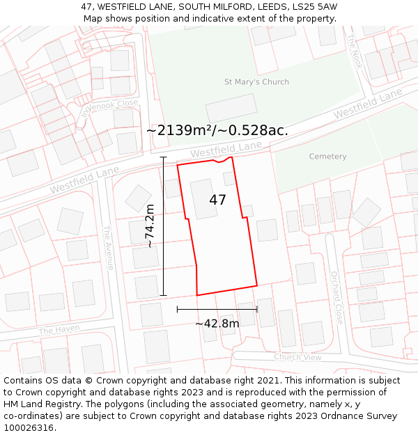47, WESTFIELD LANE, SOUTH MILFORD, LEEDS, LS25 5AW: Plot and title map