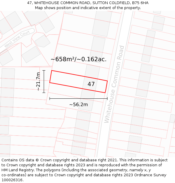 47, WHITEHOUSE COMMON ROAD, SUTTON COLDFIELD, B75 6HA: Plot and title map