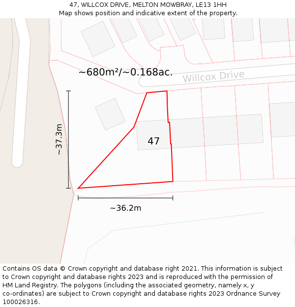 47, WILLCOX DRIVE, MELTON MOWBRAY, LE13 1HH: Plot and title map