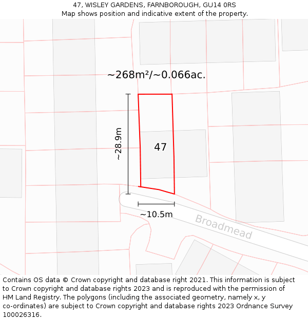 47, WISLEY GARDENS, FARNBOROUGH, GU14 0RS: Plot and title map