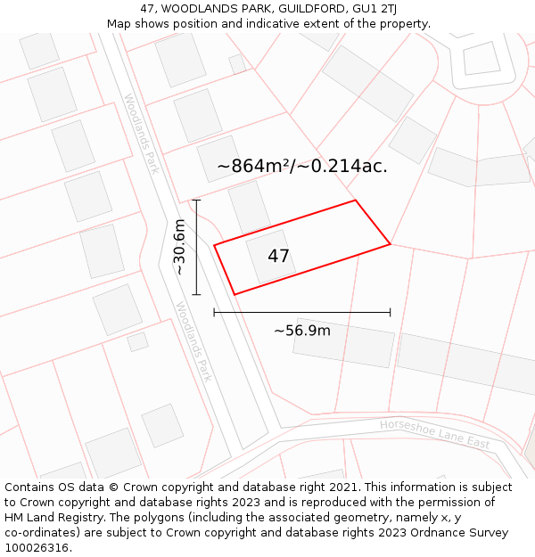 47, WOODLANDS PARK, GUILDFORD, GU1 2TJ: Plot and title map