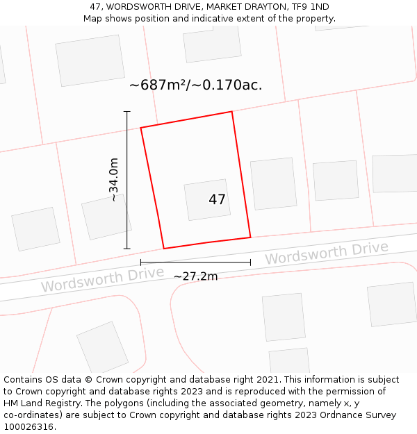 47, WORDSWORTH DRIVE, MARKET DRAYTON, TF9 1ND: Plot and title map