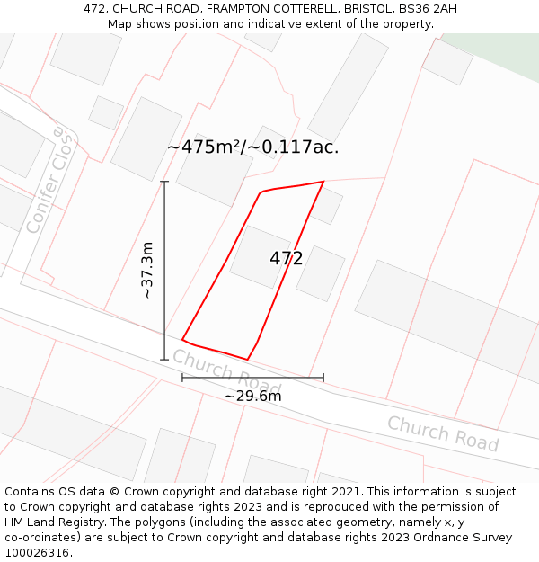 472, CHURCH ROAD, FRAMPTON COTTERELL, BRISTOL, BS36 2AH: Plot and title map