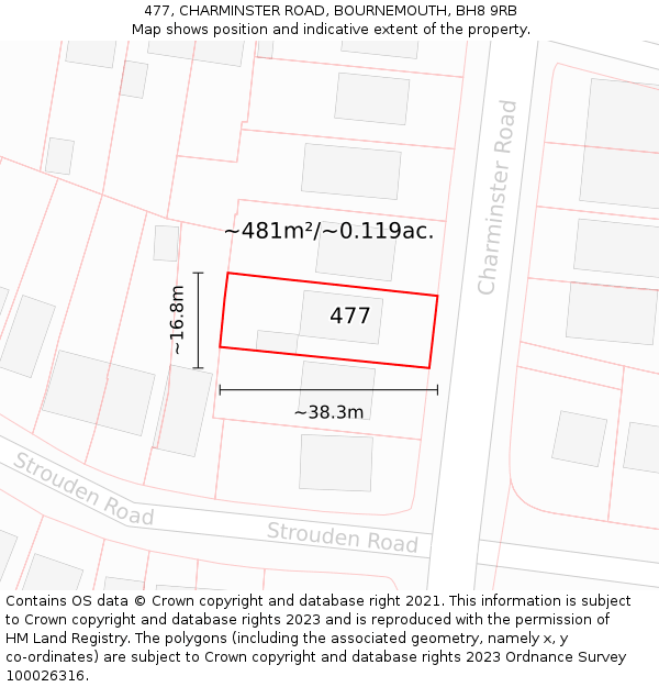 477, CHARMINSTER ROAD, BOURNEMOUTH, BH8 9RB: Plot and title map