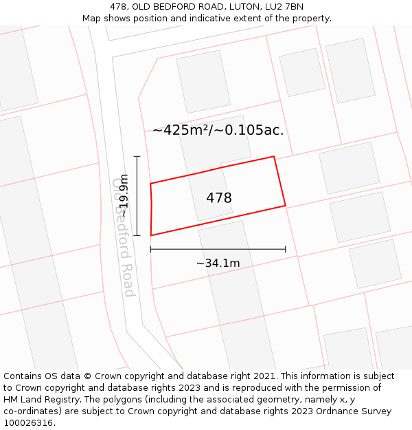478, OLD BEDFORD ROAD, LUTON, LU2 7BN: Plot and title map