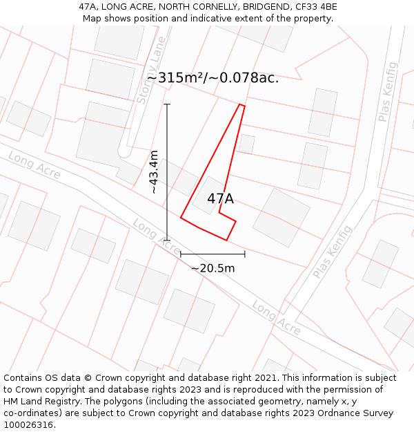 47A, LONG ACRE, NORTH CORNELLY, BRIDGEND, CF33 4BE: Plot and title map