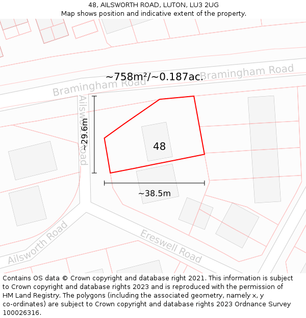 48, AILSWORTH ROAD, LUTON, LU3 2UG: Plot and title map