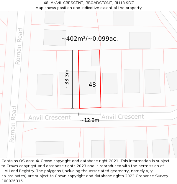 48, ANVIL CRESCENT, BROADSTONE, BH18 9DZ: Plot and title map