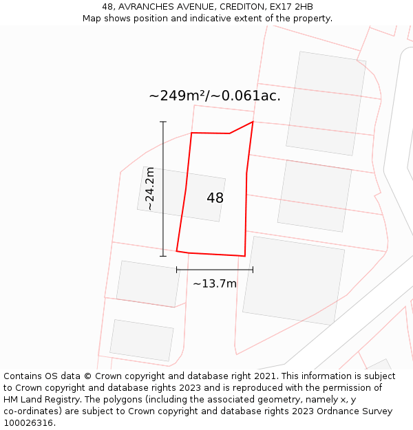 48, AVRANCHES AVENUE, CREDITON, EX17 2HB: Plot and title map