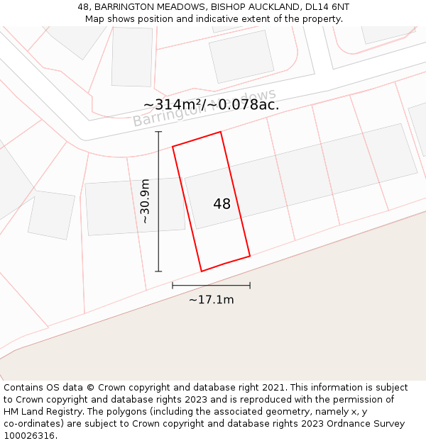 48, BARRINGTON MEADOWS, BISHOP AUCKLAND, DL14 6NT: Plot and title map