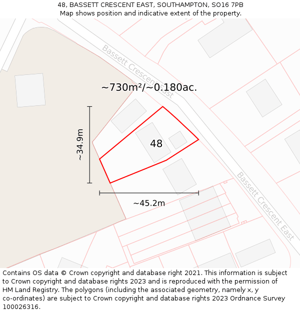 48, BASSETT CRESCENT EAST, SOUTHAMPTON, SO16 7PB: Plot and title map