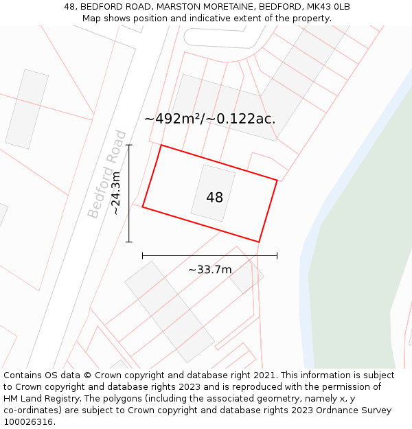 48, BEDFORD ROAD, MARSTON MORETAINE, BEDFORD, MK43 0LB: Plot and title map