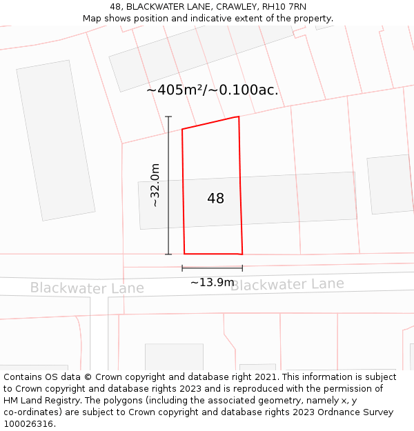 48, BLACKWATER LANE, CRAWLEY, RH10 7RN: Plot and title map