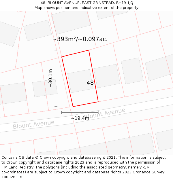 48, BLOUNT AVENUE, EAST GRINSTEAD, RH19 1JQ: Plot and title map