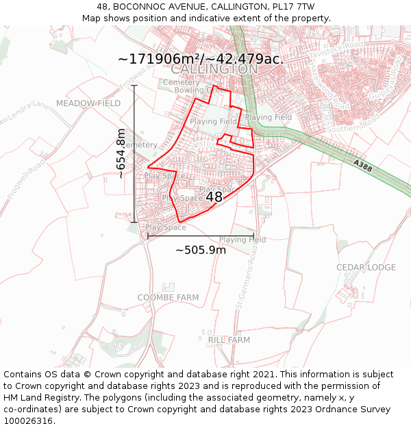 48, BOCONNOC AVENUE, CALLINGTON, PL17 7TW: Plot and title map