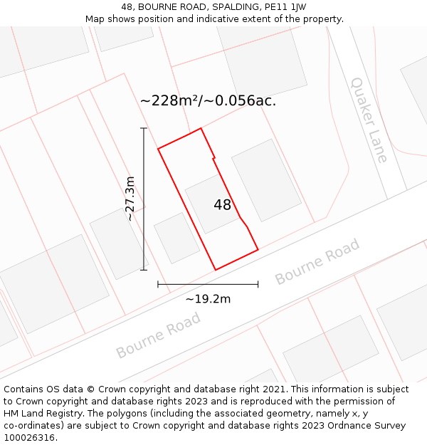 48, BOURNE ROAD, SPALDING, PE11 1JW: Plot and title map