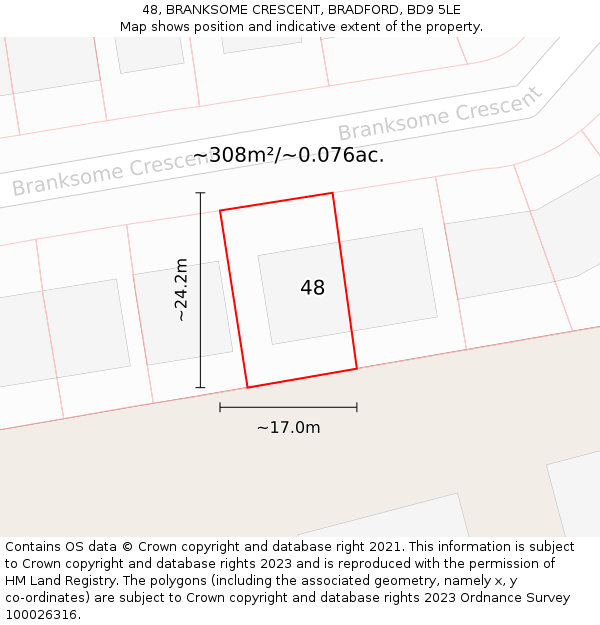 48, BRANKSOME CRESCENT, BRADFORD, BD9 5LE: Plot and title map