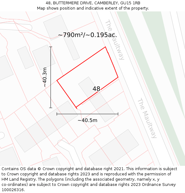 48, BUTTERMERE DRIVE, CAMBERLEY, GU15 1RB: Plot and title map