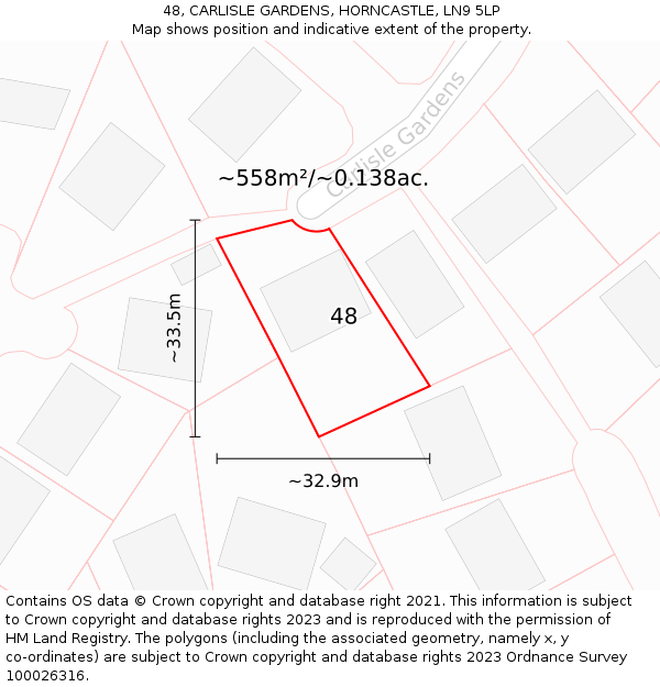 48, CARLISLE GARDENS, HORNCASTLE, LN9 5LP: Plot and title map