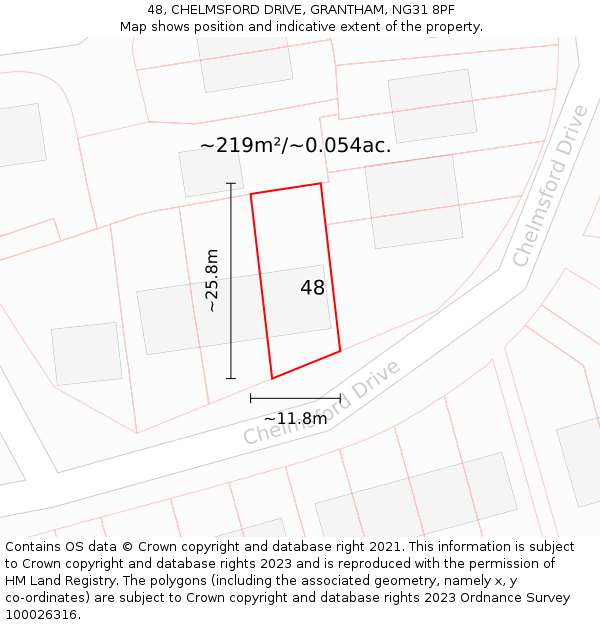 48, CHELMSFORD DRIVE, GRANTHAM, NG31 8PF: Plot and title map