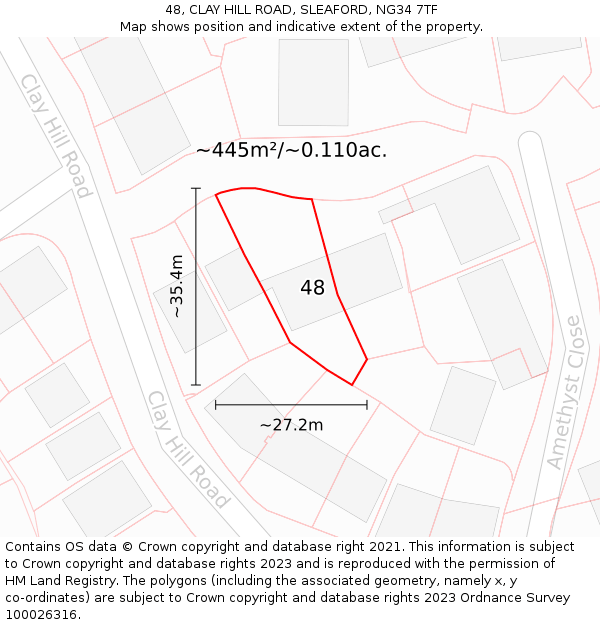 48, CLAY HILL ROAD, SLEAFORD, NG34 7TF: Plot and title map