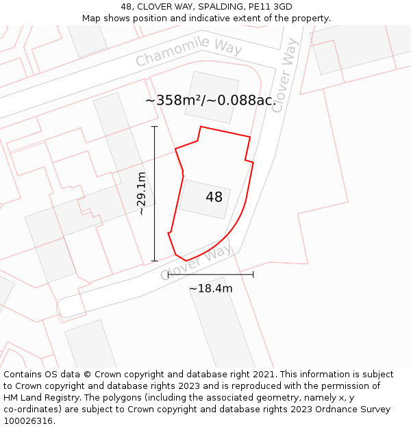 48, CLOVER WAY, SPALDING, PE11 3GD: Plot and title map