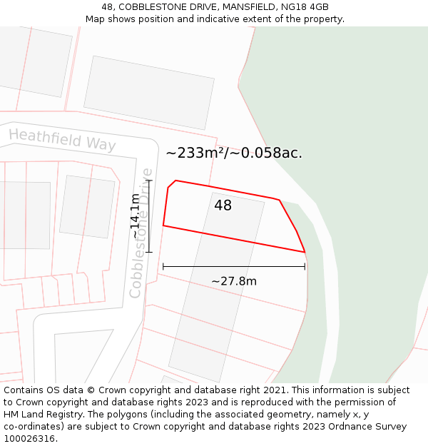 48, COBBLESTONE DRIVE, MANSFIELD, NG18 4GB: Plot and title map