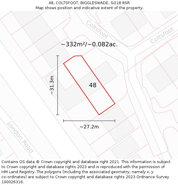 48, COLTSFOOT, BIGGLESWADE, SG18 8SR: Plot and title map