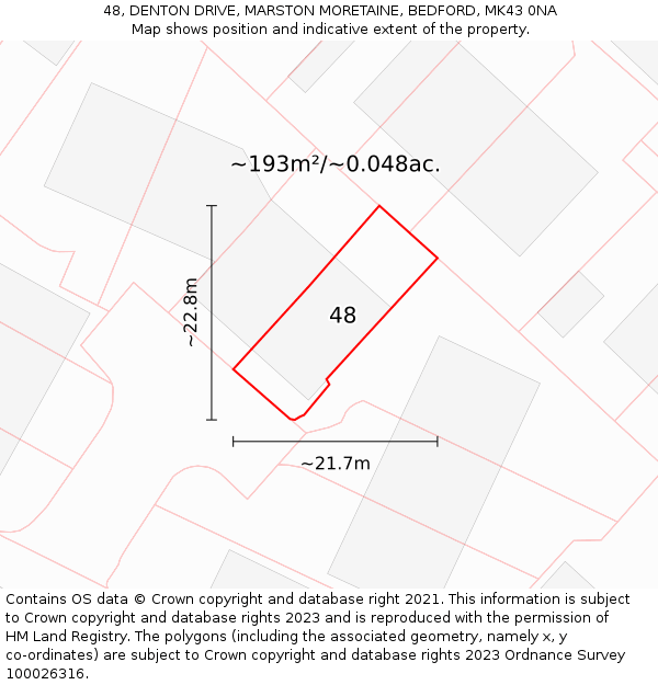 48, DENTON DRIVE, MARSTON MORETAINE, BEDFORD, MK43 0NA: Plot and title map