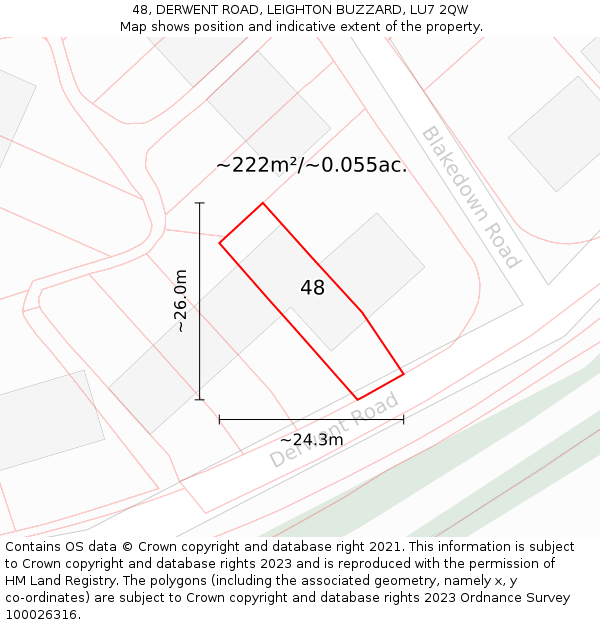 48, DERWENT ROAD, LEIGHTON BUZZARD, LU7 2QW: Plot and title map