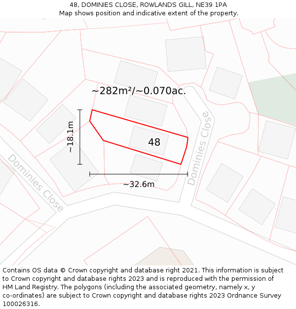 48, DOMINIES CLOSE, ROWLANDS GILL, NE39 1PA: Plot and title map