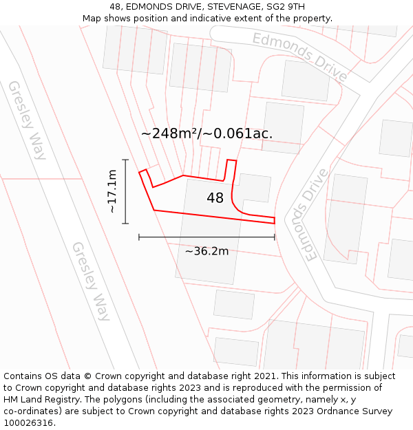 48, EDMONDS DRIVE, STEVENAGE, SG2 9TH: Plot and title map