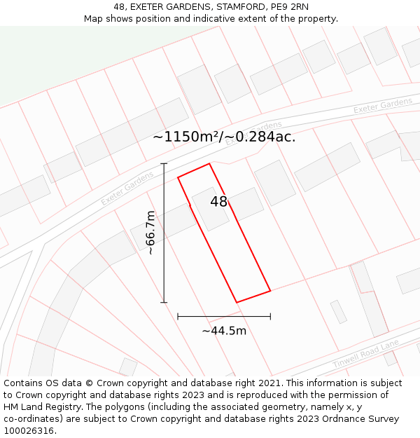 48, EXETER GARDENS, STAMFORD, PE9 2RN: Plot and title map