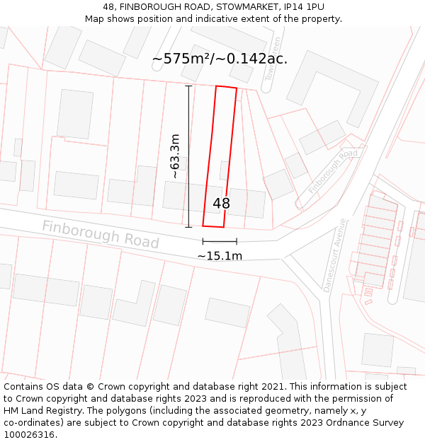 48, FINBOROUGH ROAD, STOWMARKET, IP14 1PU: Plot and title map