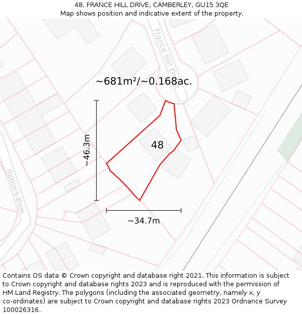 48, FRANCE HILL DRIVE, CAMBERLEY, GU15 3QE: Plot and title map