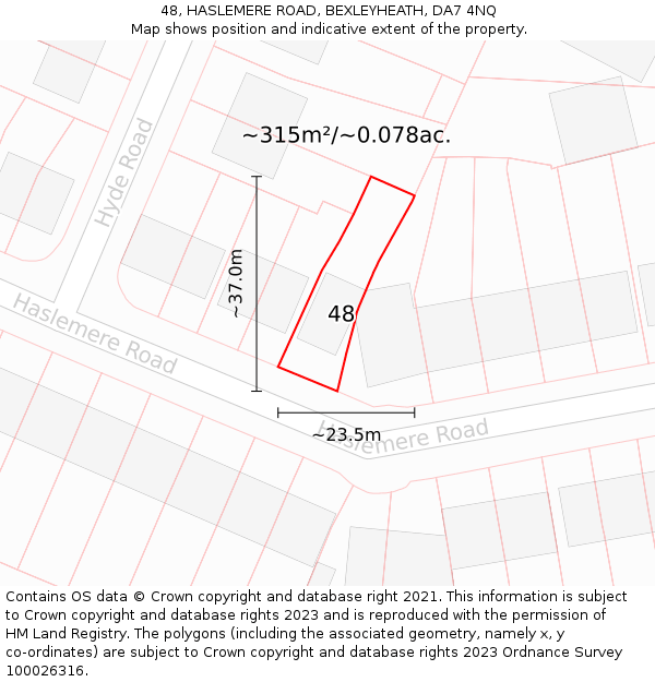 48, HASLEMERE ROAD, BEXLEYHEATH, DA7 4NQ: Plot and title map