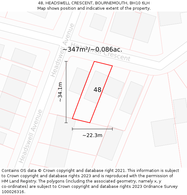 48, HEADSWELL CRESCENT, BOURNEMOUTH, BH10 6LH: Plot and title map