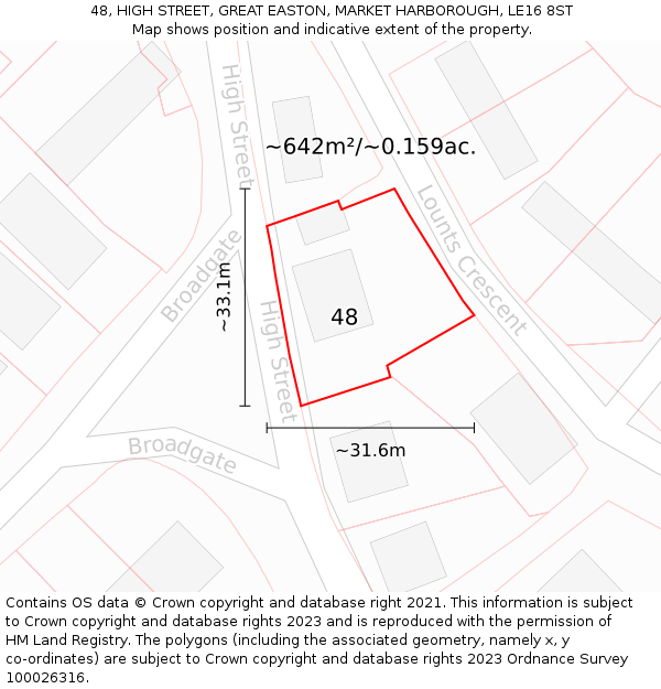 48, HIGH STREET, GREAT EASTON, MARKET HARBOROUGH, LE16 8ST: Plot and title map