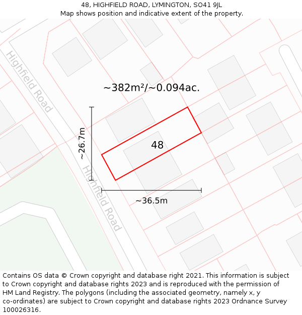48, HIGHFIELD ROAD, LYMINGTON, SO41 9JL: Plot and title map