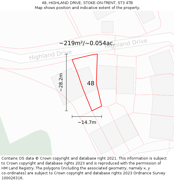 48, HIGHLAND DRIVE, STOKE-ON-TRENT, ST3 4TB: Plot and title map