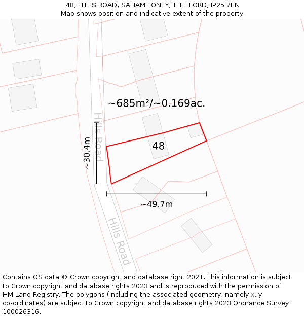 48, HILLS ROAD, SAHAM TONEY, THETFORD, IP25 7EN: Plot and title map