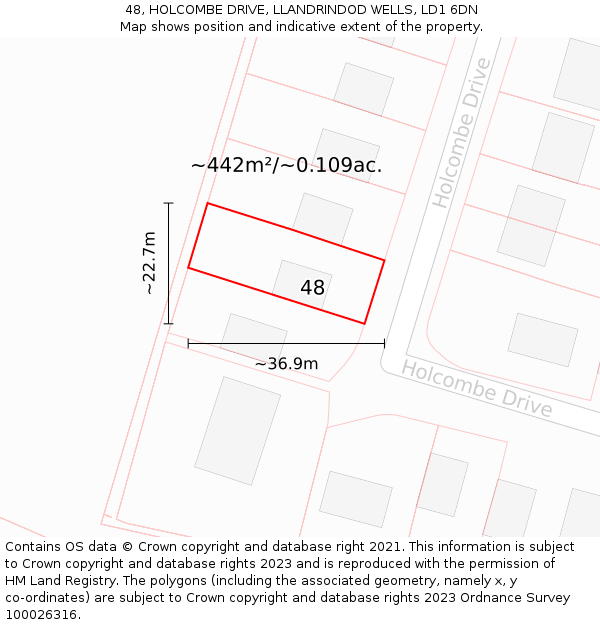 48, HOLCOMBE DRIVE, LLANDRINDOD WELLS, LD1 6DN: Plot and title map