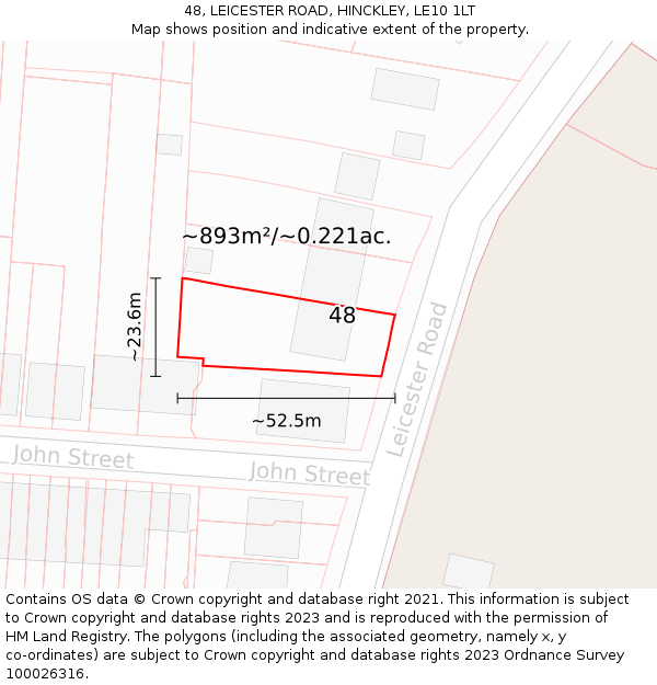 48, LEICESTER ROAD, HINCKLEY, LE10 1LT: Plot and title map